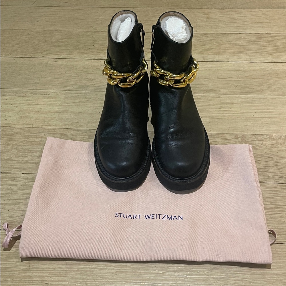 Stuart Weitzman Black Leather Boots with Gold-Link Accent